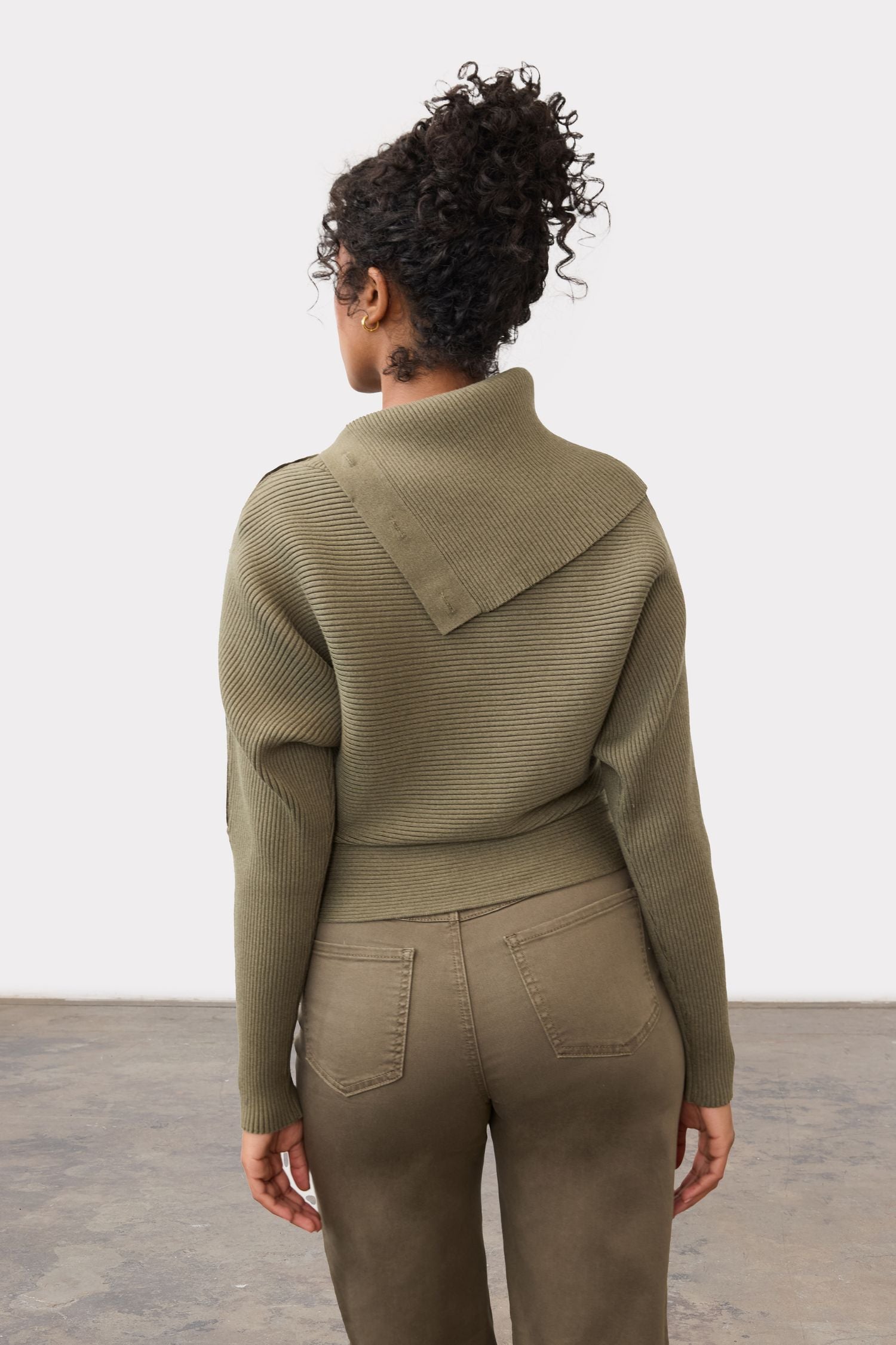 Back view of FDJ Envelope Collar Sweater - Style 1051885 in olive
