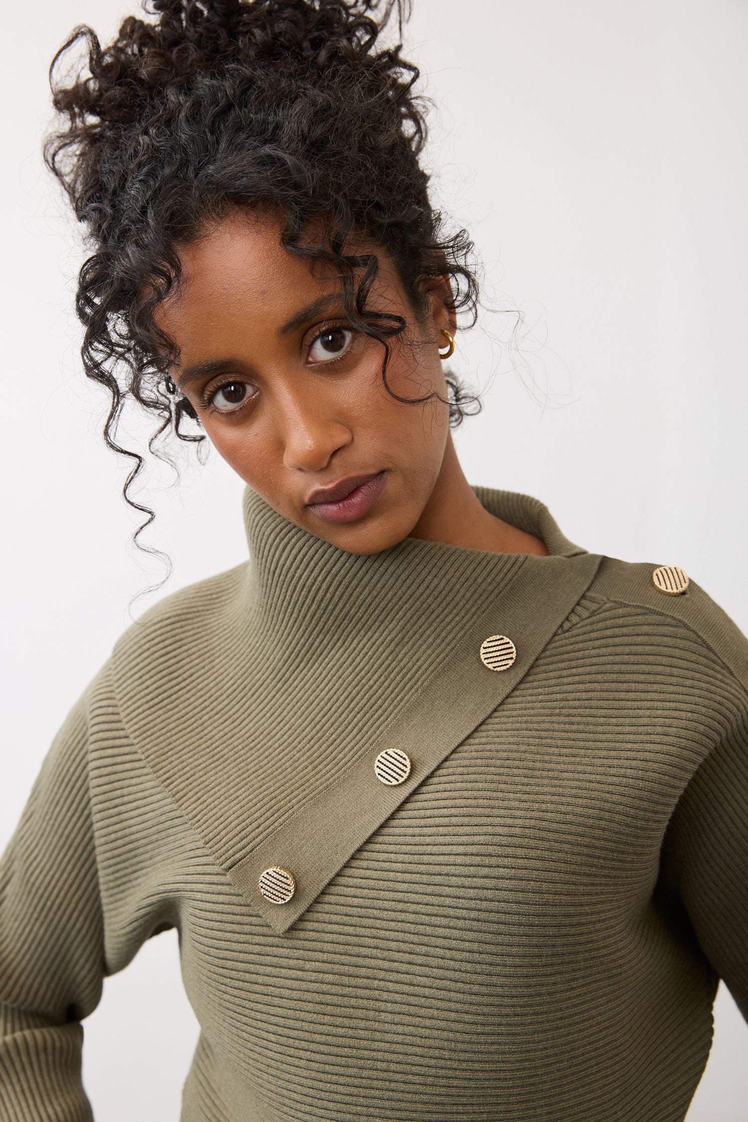 Closeup view of FDJ Envelope Collar Sweater - Style 1051885 in olive