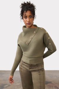 Front view of FDJ Envelope Collar Sweater - Style 1051885 in olive