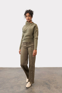 Outfit view of FDJ Envelope Collar Sweater - Style 1051885 in olive