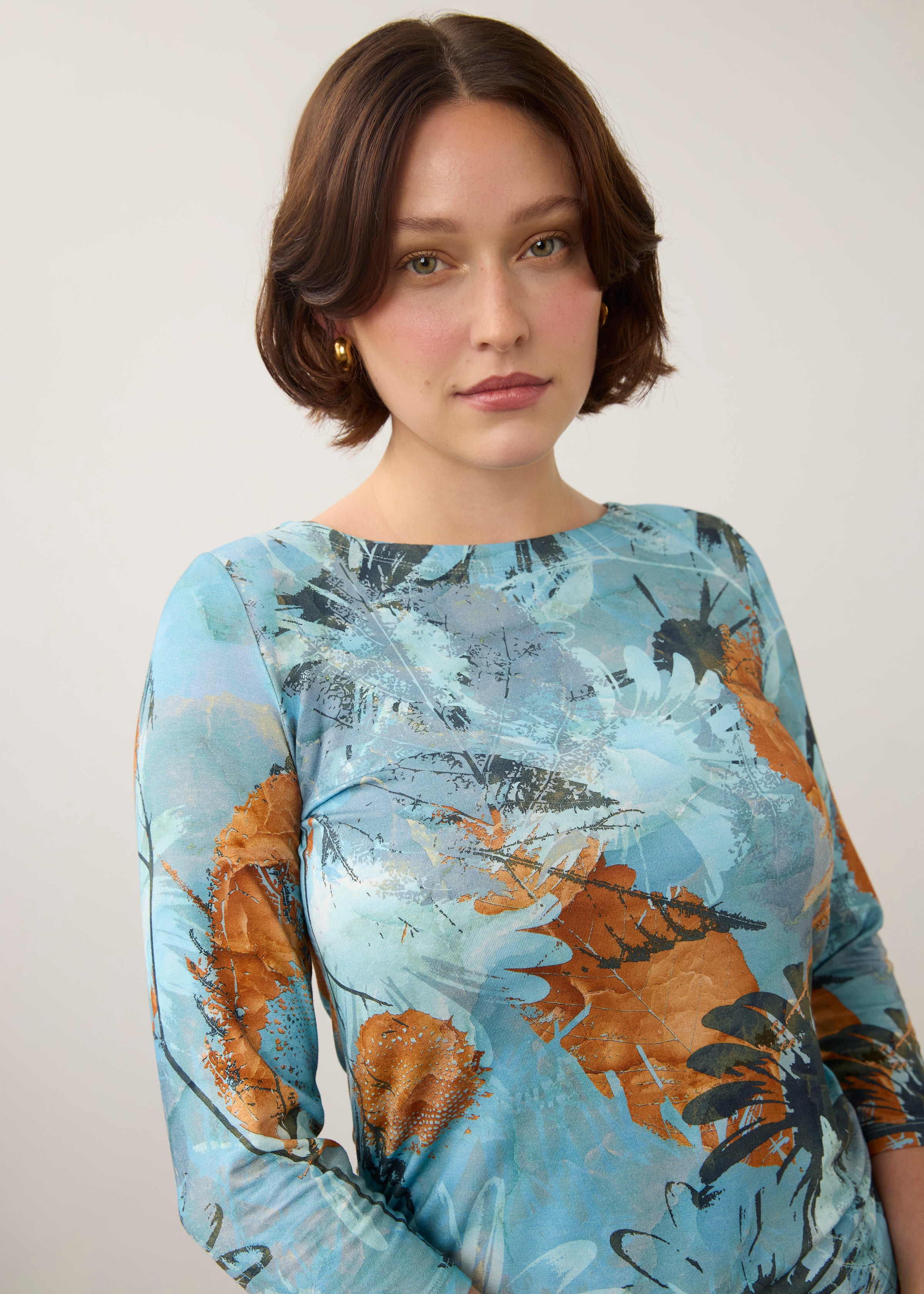 Front closeup of FDJ Miranda 3/4 Sleeve Boatneck Top - Style 3808756