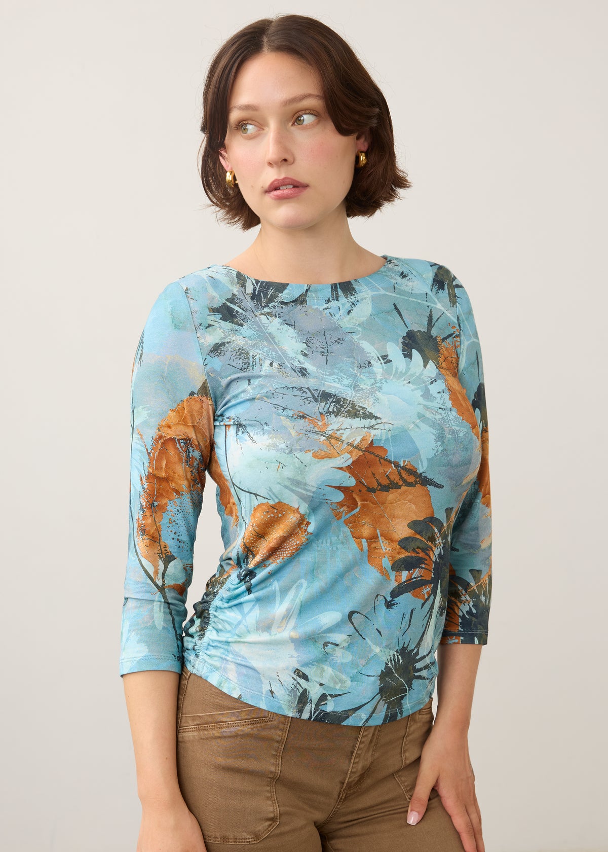 Front view of FDJ Miranda 3/4 Sleeve Boatneck Top - Style 3808756