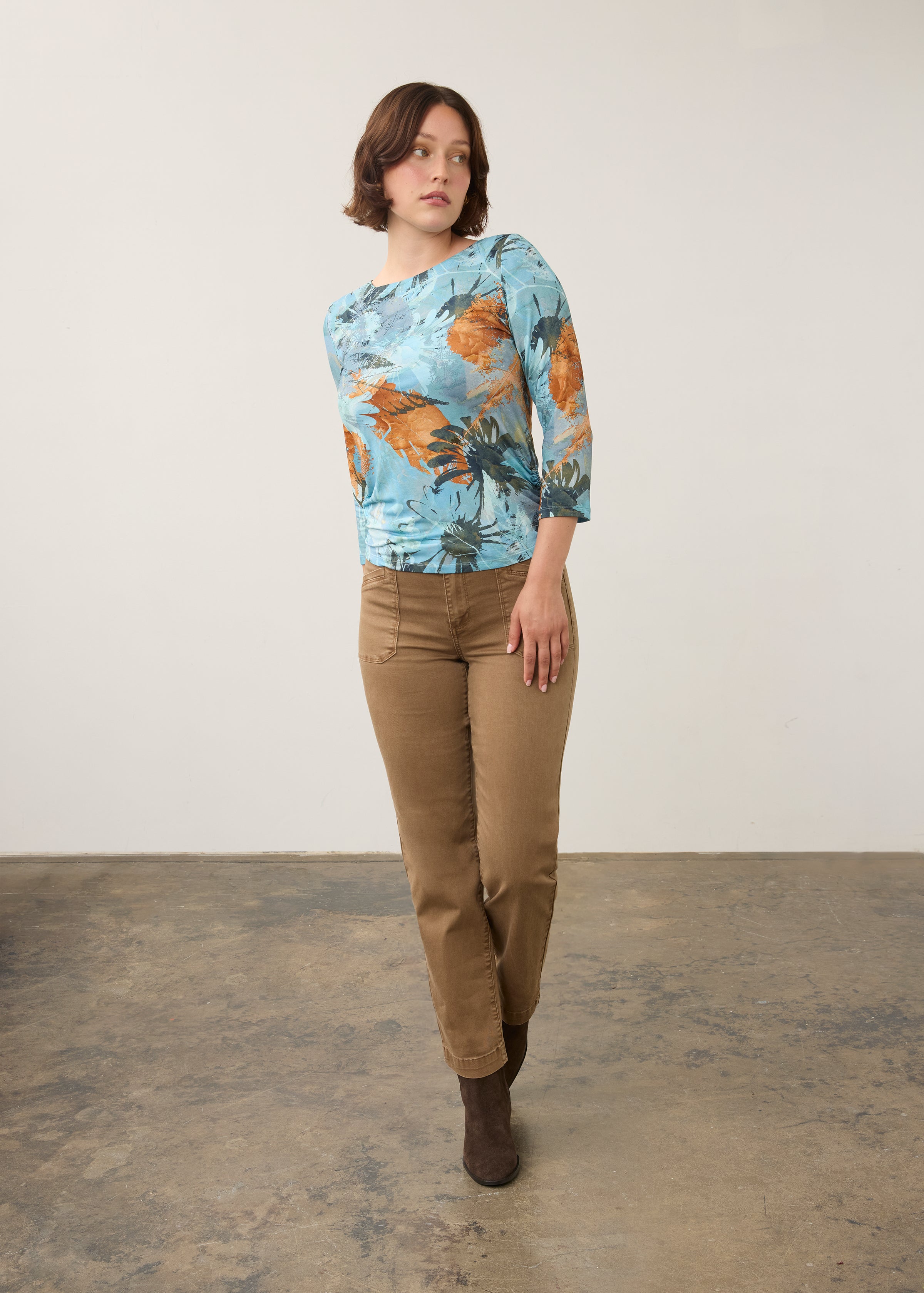 Outfit view of FDJ Miranda 3/4 Sleeve Boatneck Top - Style 3808756