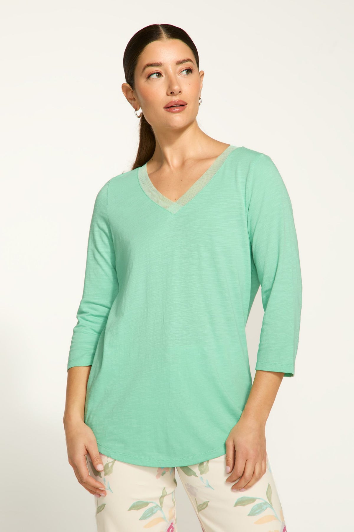 Front view of FDJ V-Neck 3/4 Sleeve Top - Style 3148476 in patina