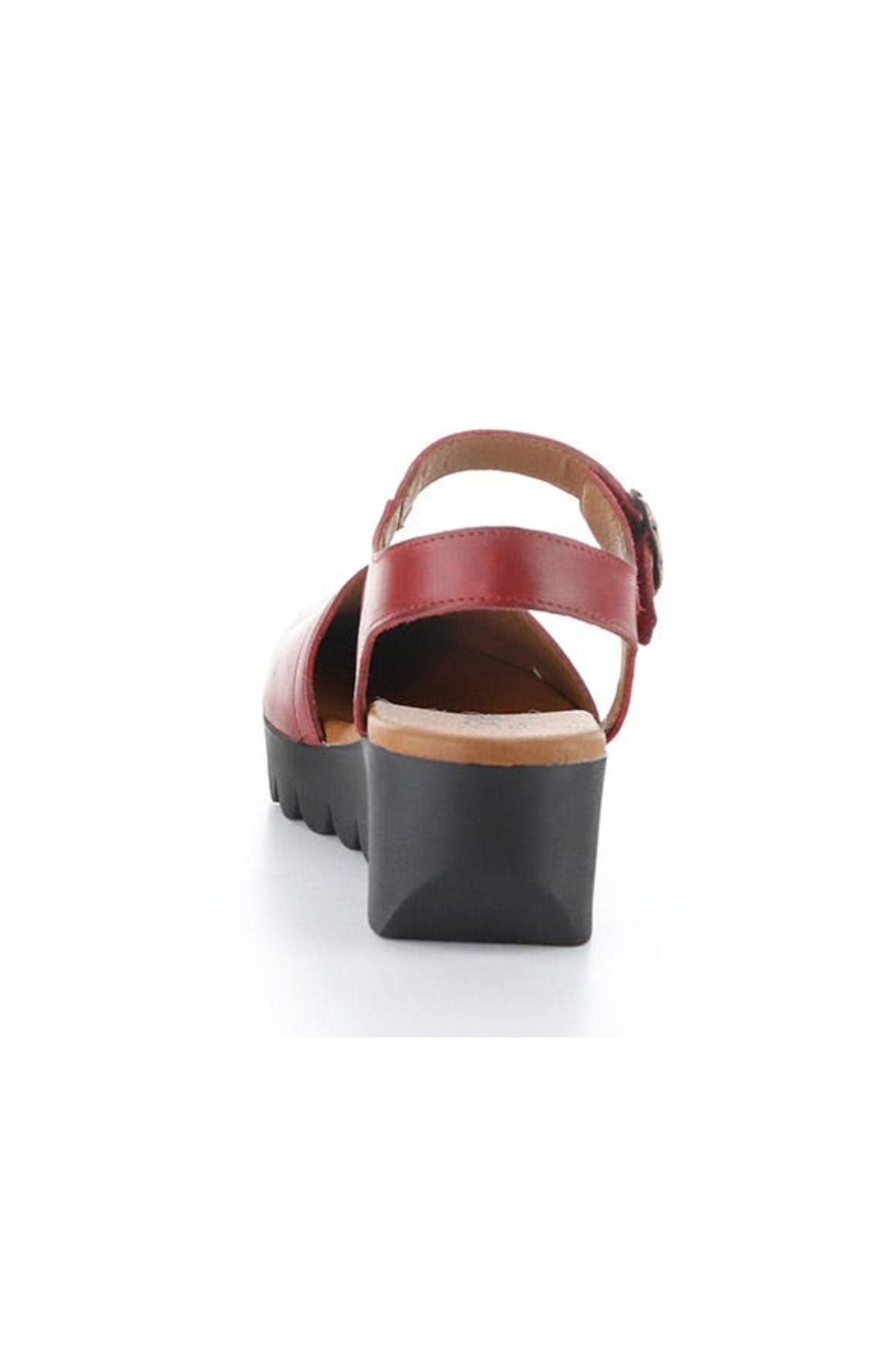 Back view of Fly London Vizi Ankle Strap Platform Wedge Clog - Style Vizi 385 in red
