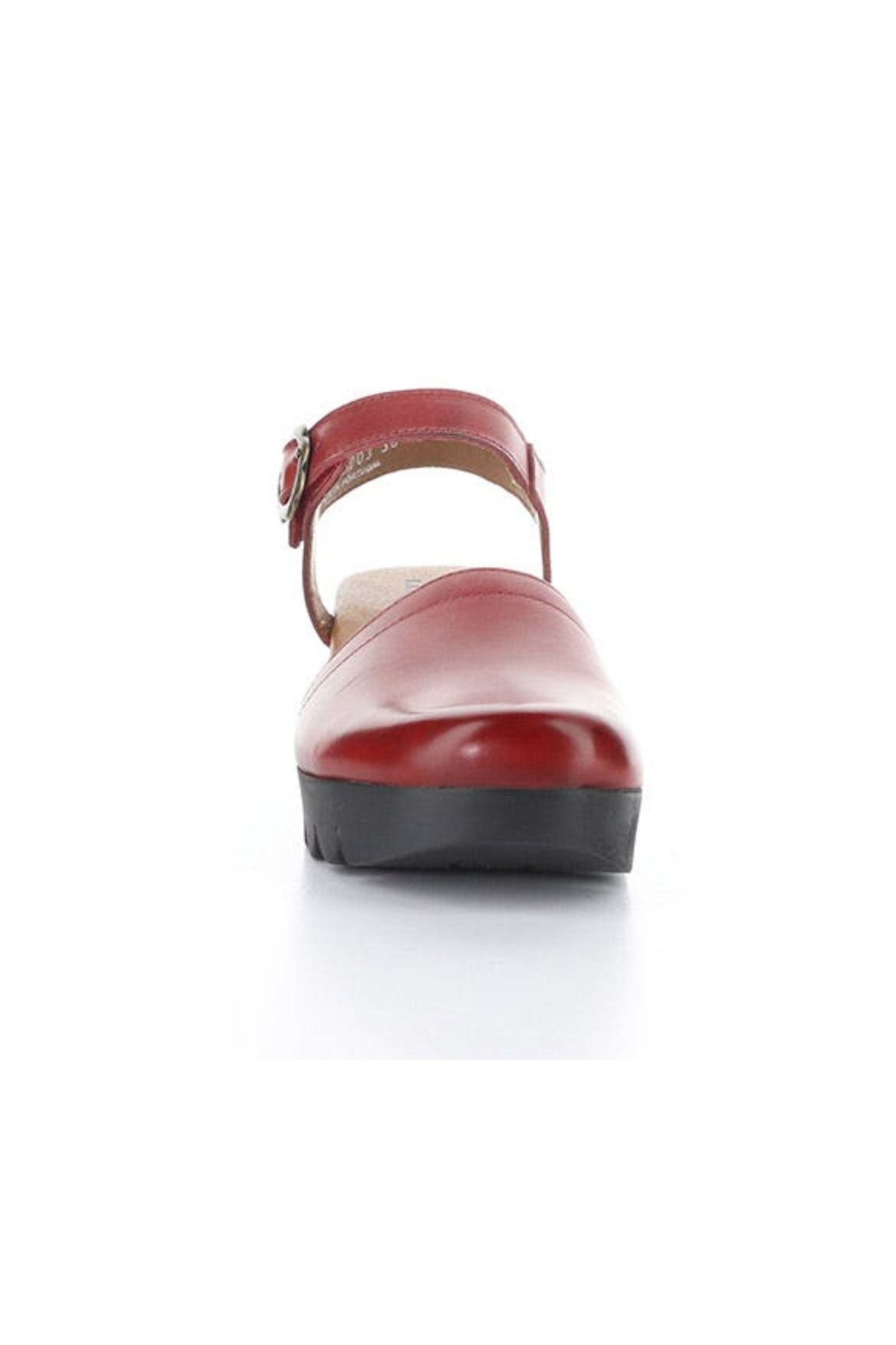 Front view of Fly London Vizi Ankle Strap Platform Wedge Clog - Style Vizi 385 in red