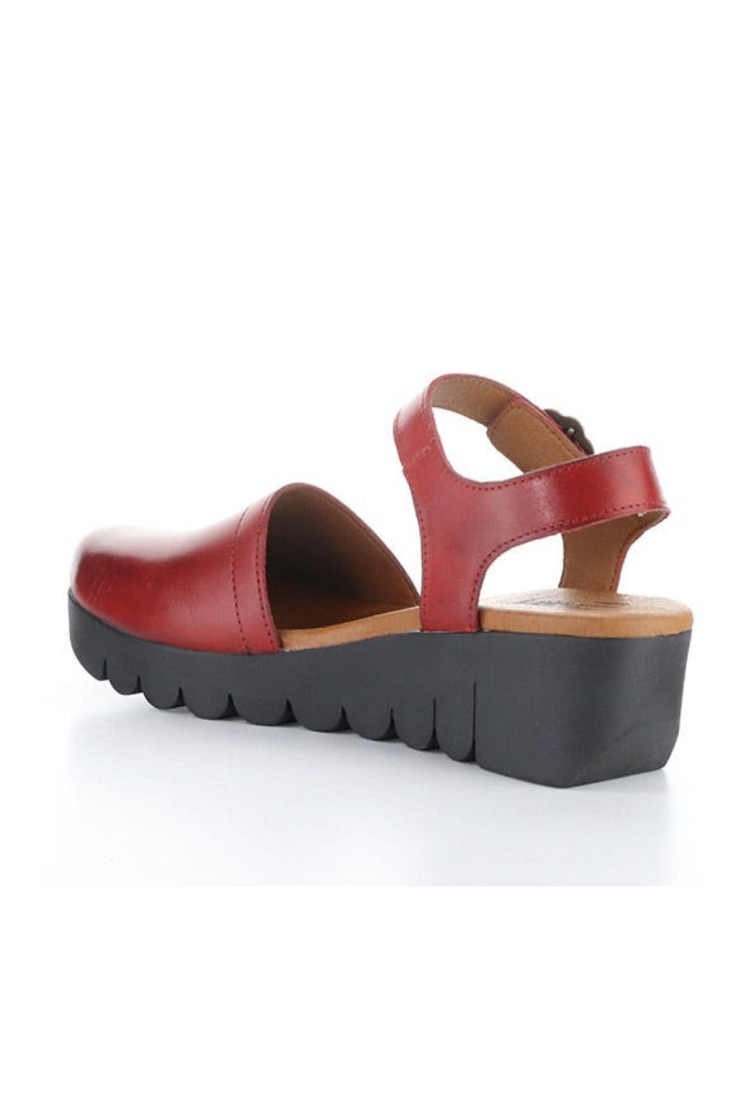 Inside view of Fly London Vizi Ankle Strap Platform Wedge Clog - Style Vizi 385 in burnt red