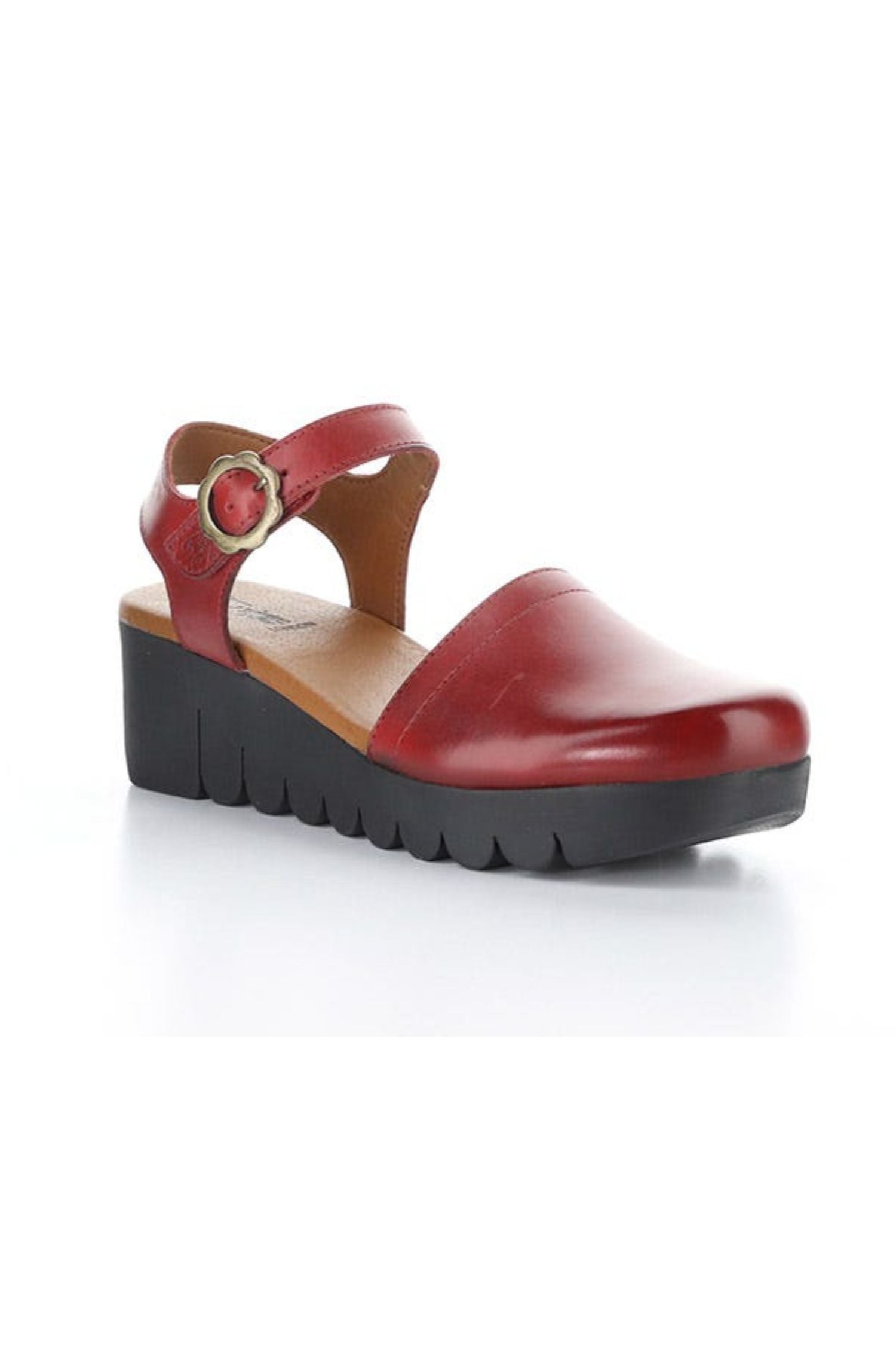 Outside view of Fly London Vizi Ankle Strap Platform Wedge Clog - Style Vizi 385 in burnt red
