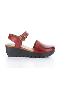 Side view of Fly London Vizi Ankle Strap Platform Wedge Clog - Style Vizi 385 in red