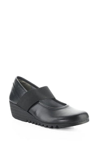 Front angle view of Fly London Wedge Pump - Style Olid in black