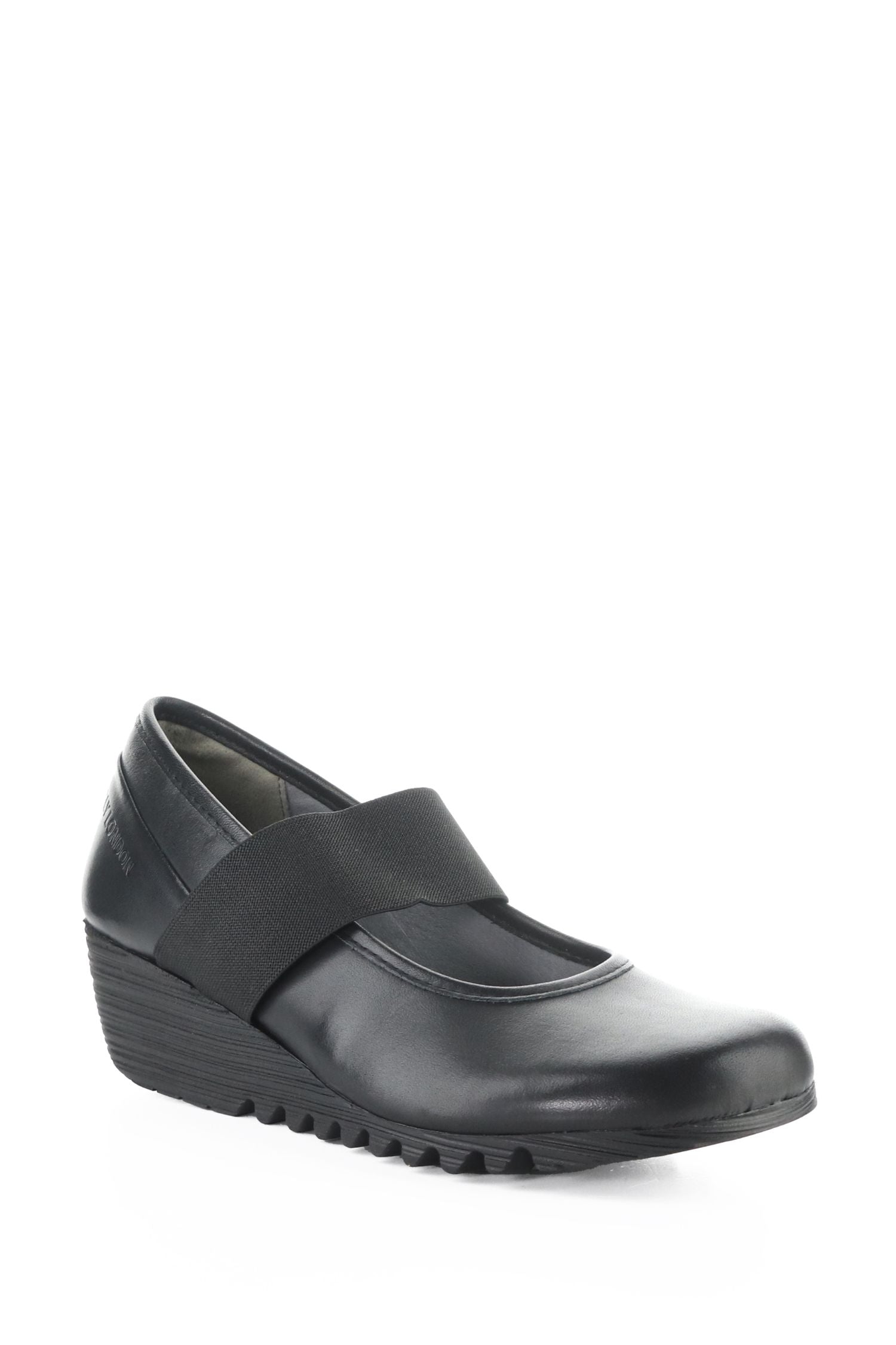 Front angle view of Fly London Wedge Pump - Style Olid in black