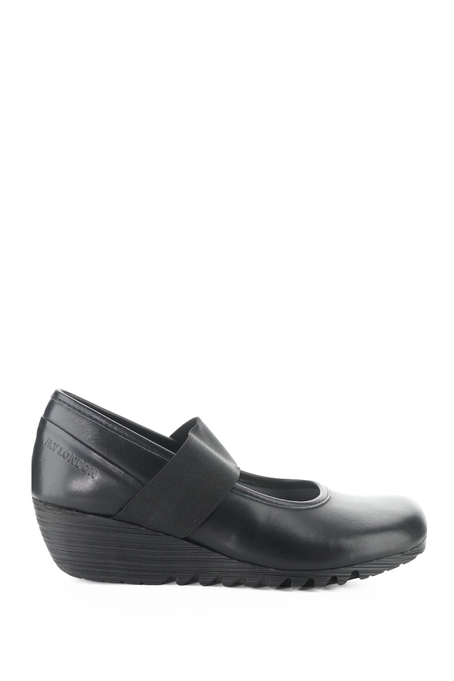 Side view of Fly London Wedge Pump - Style Olid in black