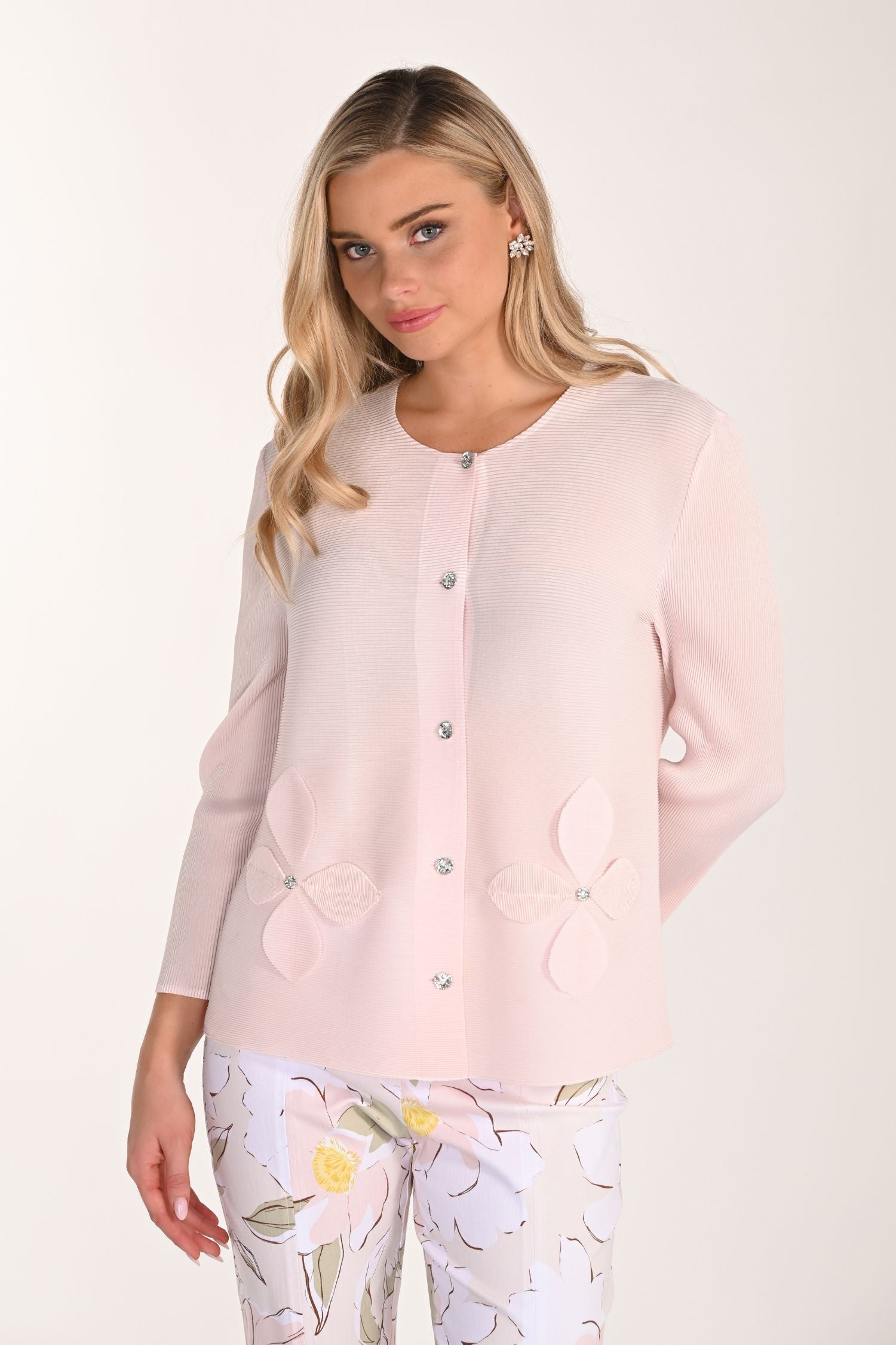 Front view of Frank Lyman Floral Appliqué Knit Cardigan - Style 266576