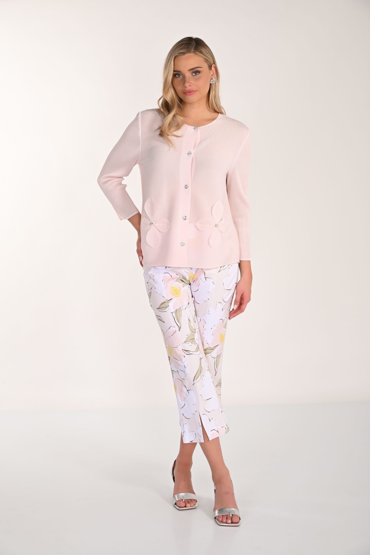 Outfit view of Frank Lyman Floral Appliqué Knit Cardigan - Style 266576