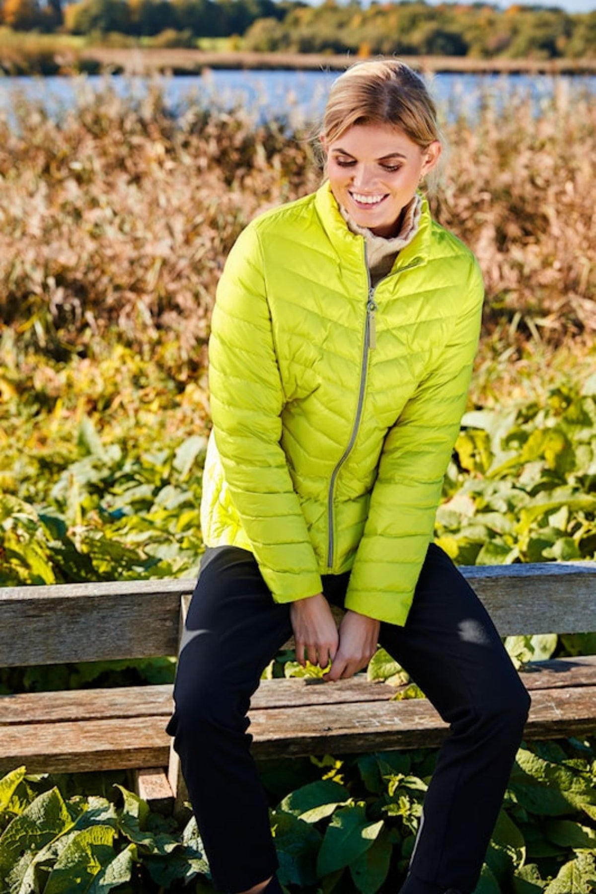 Front lifestyle view of Fransden Down Jacket - Style 528-588-0 in lime green