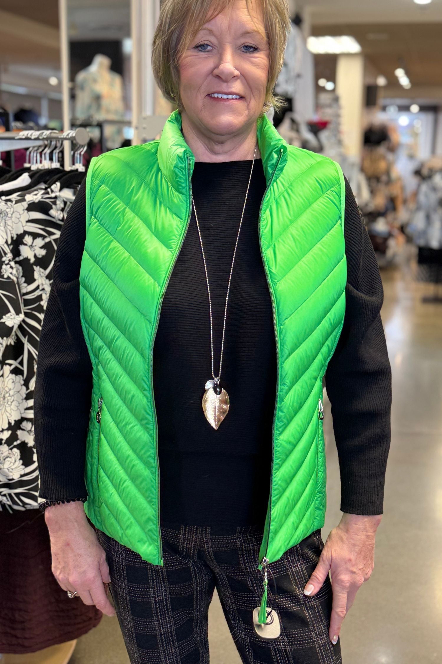 Open front view of Fransden Lightweight Down Vest - Style 529 in grass green
