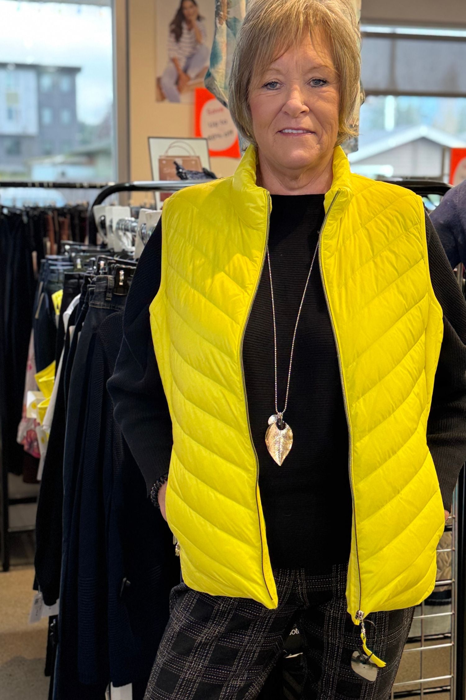Open front view of Fransden Lightweight Down Vest - Style 529 in sunshine