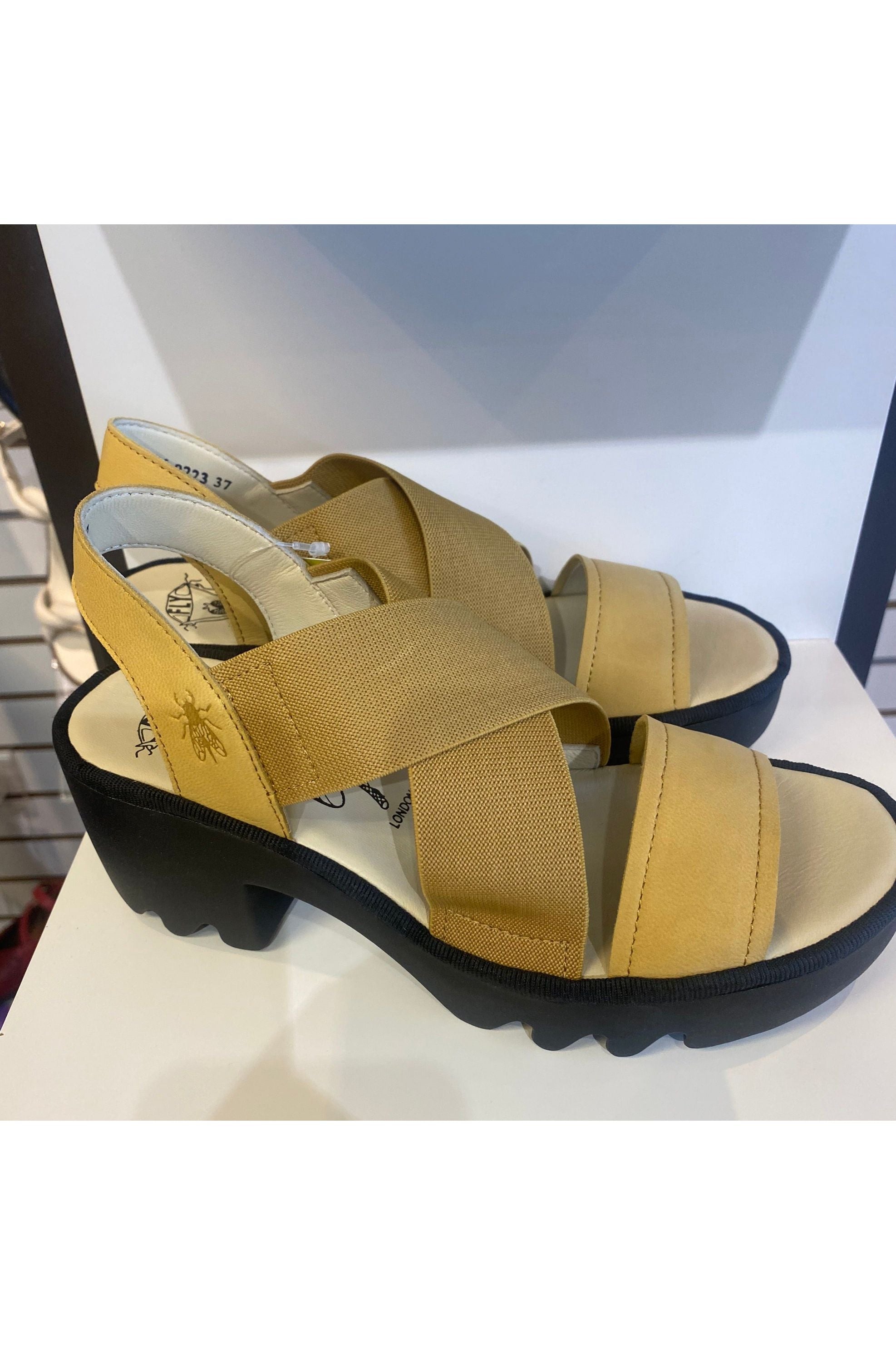 Fly London Elastic and Leather Sandal - Style TAJI, pair2, bumblee yellow