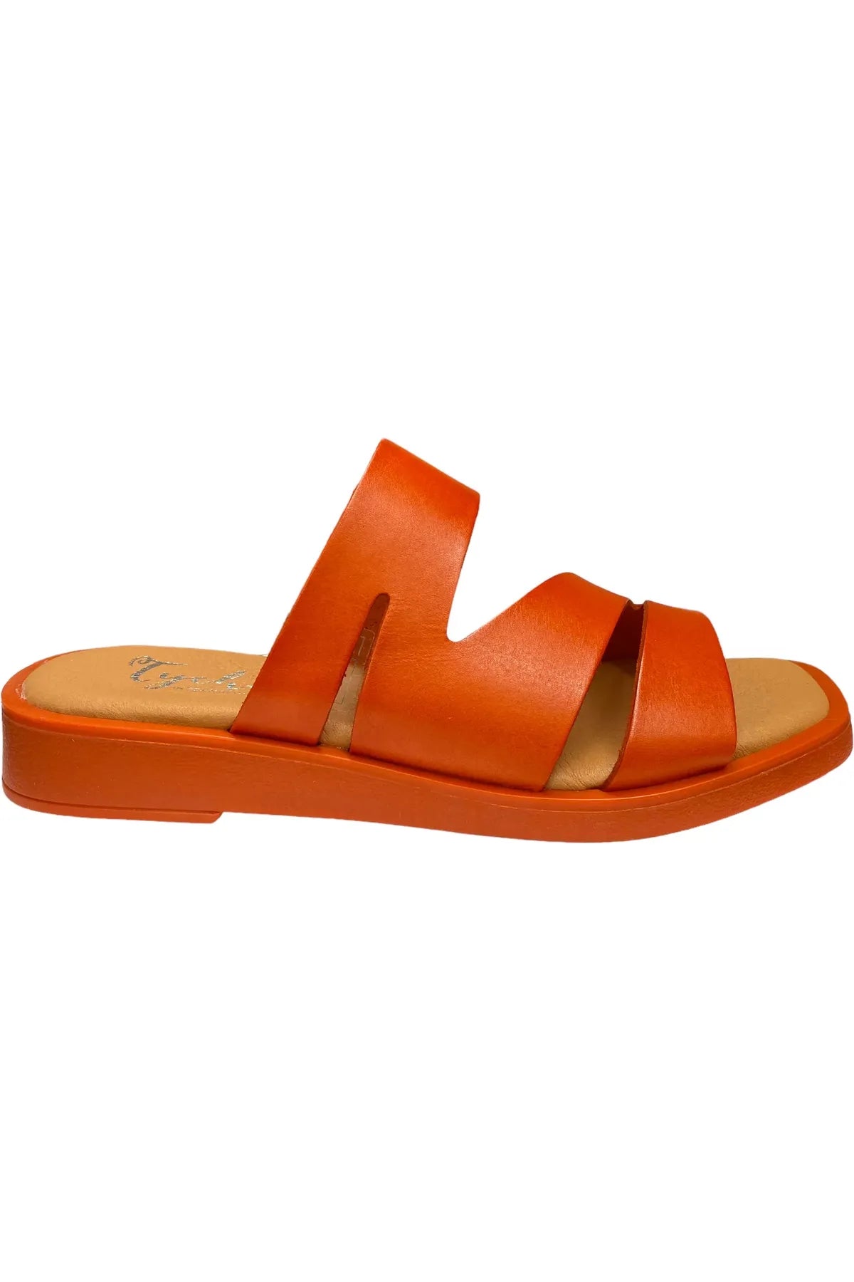 Tyche Flat Sandal - Style Jordana, side, orange
