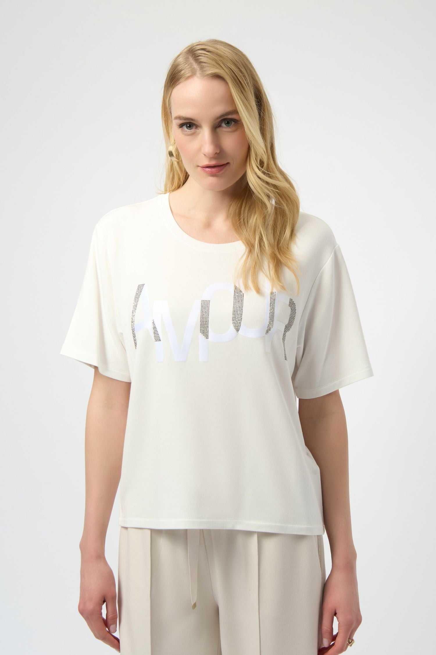 Front view of Joseph Ribkoff Amour Knit T-Shirt with Rhinestone Detail - 254958-WW