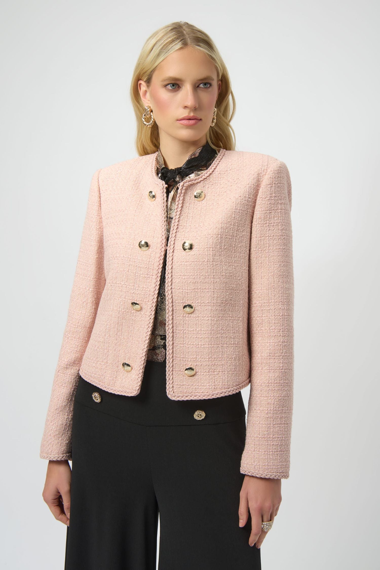 Front view of Joseph Ribkoff Bouclé Collarless Jacket with Buttons - Style 254903 in rose