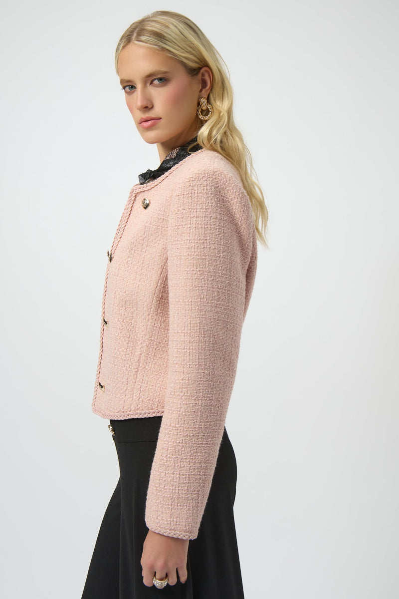 Side view of Joseph Ribkoff Bouclé Collarless Jacket with Buttons - Style 254903 in rose