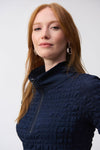 Close up of zippered mock neck of Joseph Ribkoff Bubble Jacquard A-Line Dress - Style 251084-MB