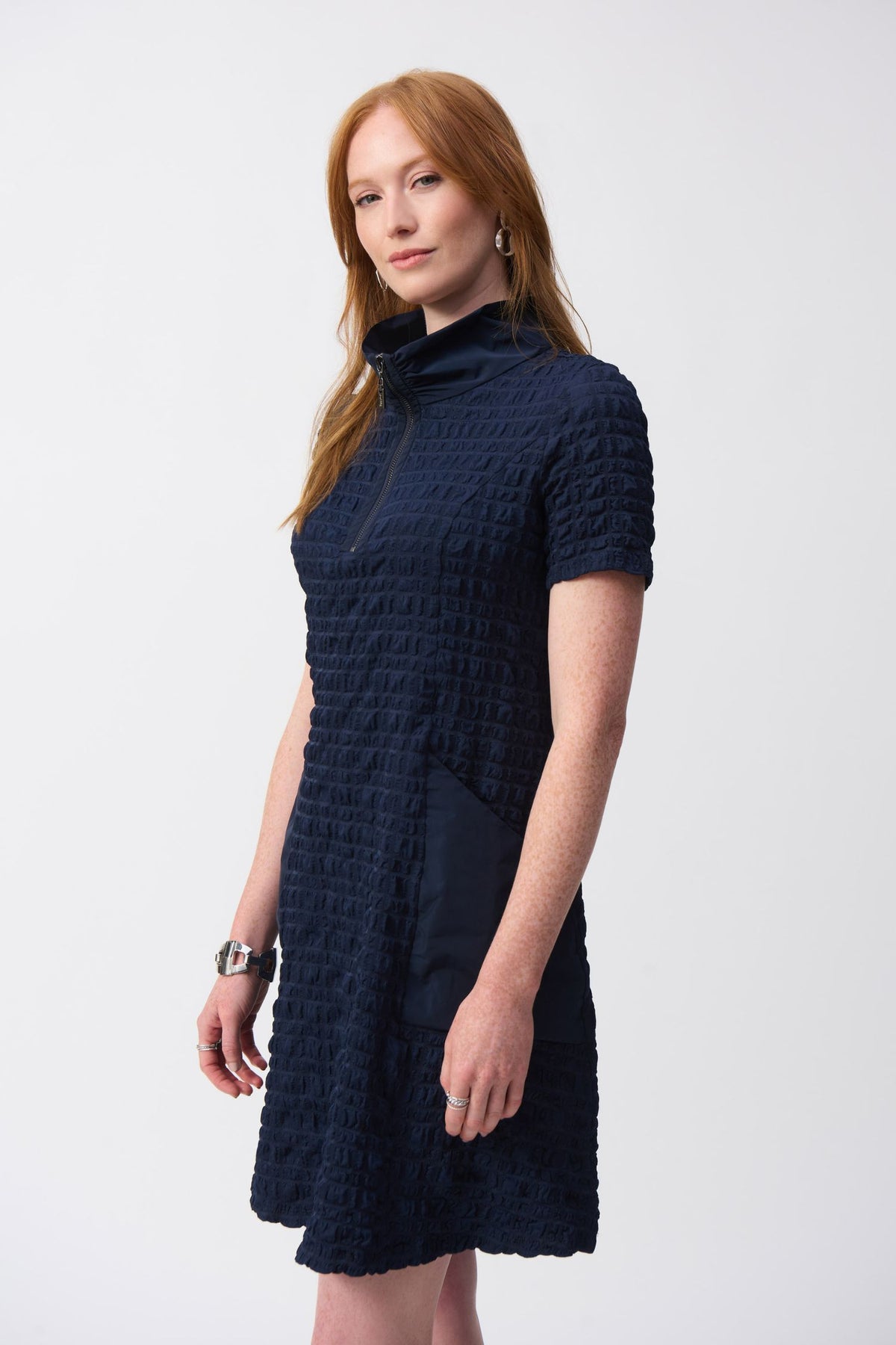 Side view of Joseph Ribkoff Bubble Jacquard A-Line Dress - Style 251084-MB