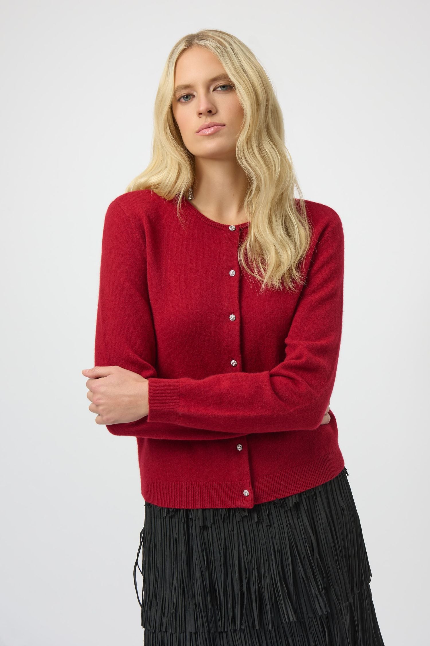Front view of Joseph Ribkoff Cashmere Button-Front Cardigan - Style 254951-DC in deep cherry