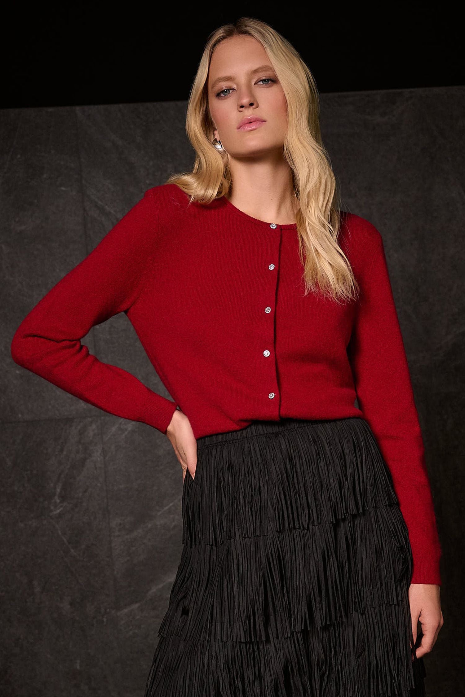 Lifestyle view of Joseph Ribkoff Cashmere Button-Front Cardigan - Style 254951-DC in deep cherry