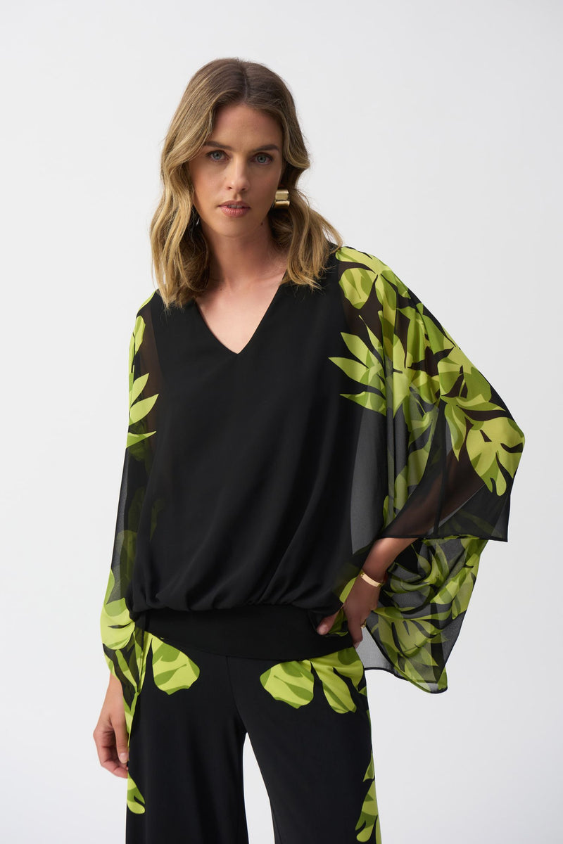Front view of Joseph Ribkoff Chiffon And Silky Knit Floral Poncho Top - Style 251147-BLK/MULTI