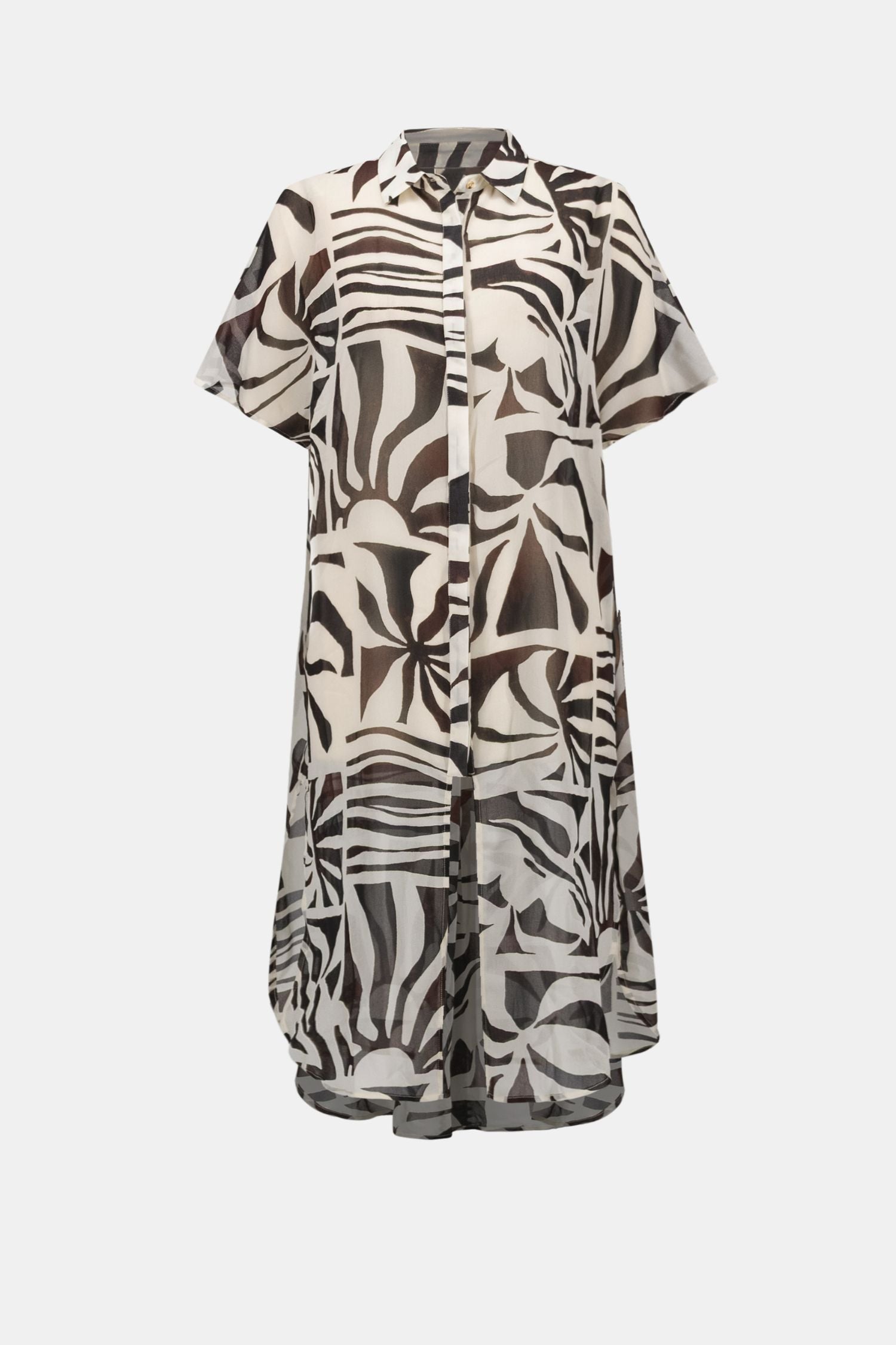 Flat lay view of Joseph Ribkoff Chiffon Tropical Print Straight Blouse – Style 262949 black beige
