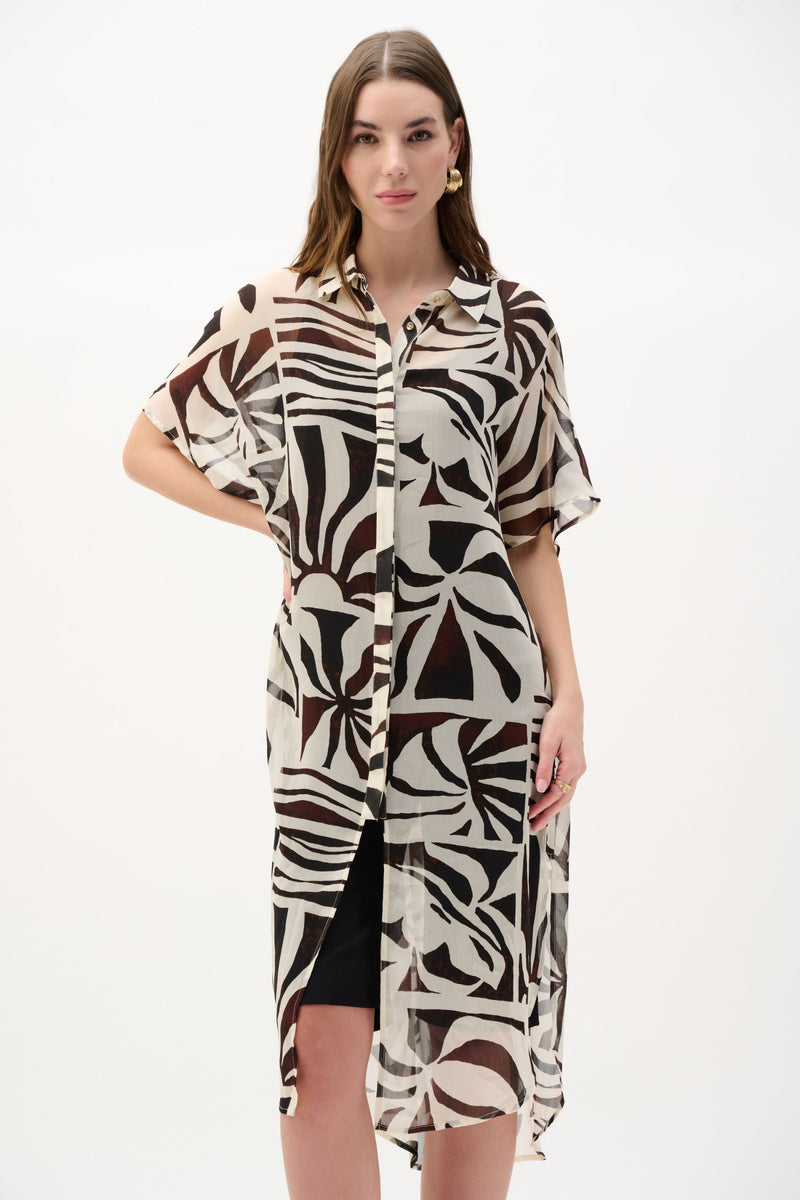 Front view of Joseph Ribkoff Chiffon Tropical Print Straight Blouse – Style 262949 in black beige
