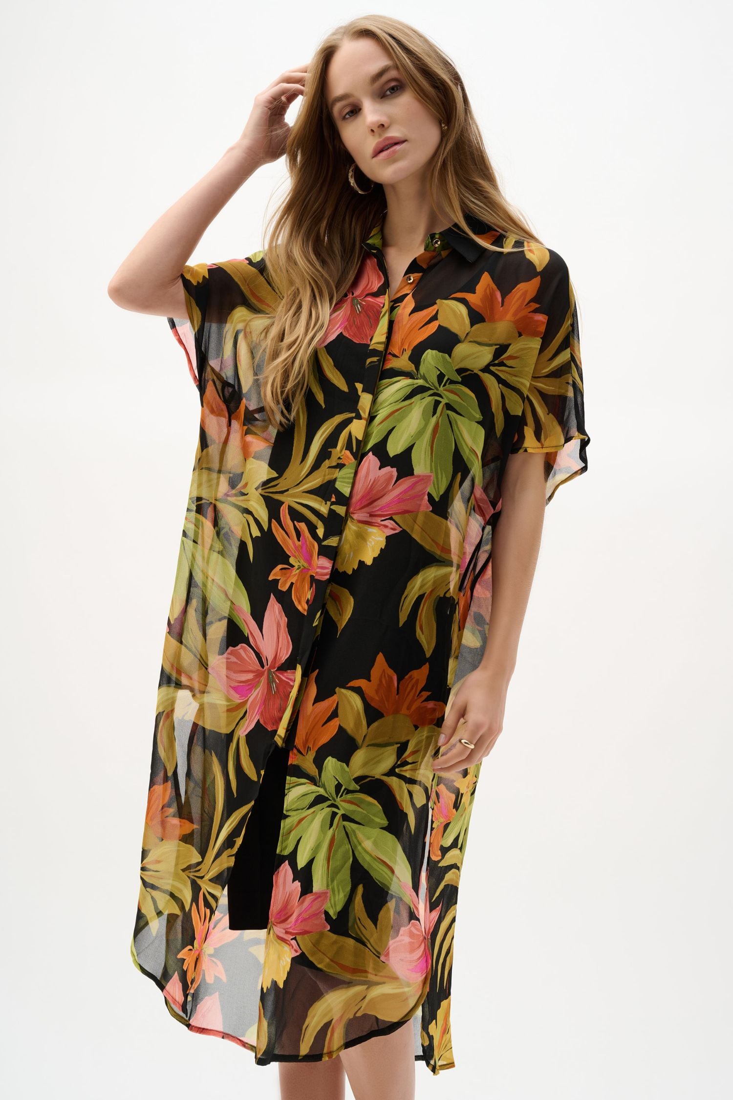 Front view of Joseph Ribkoff Chiffon Tropical Print Straight Blouse – Style 262949 black multi