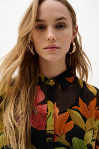 Front closeup of Joseph Ribkoff Chiffon Tropical Print Straight Blouse – Style 262949 in black multi