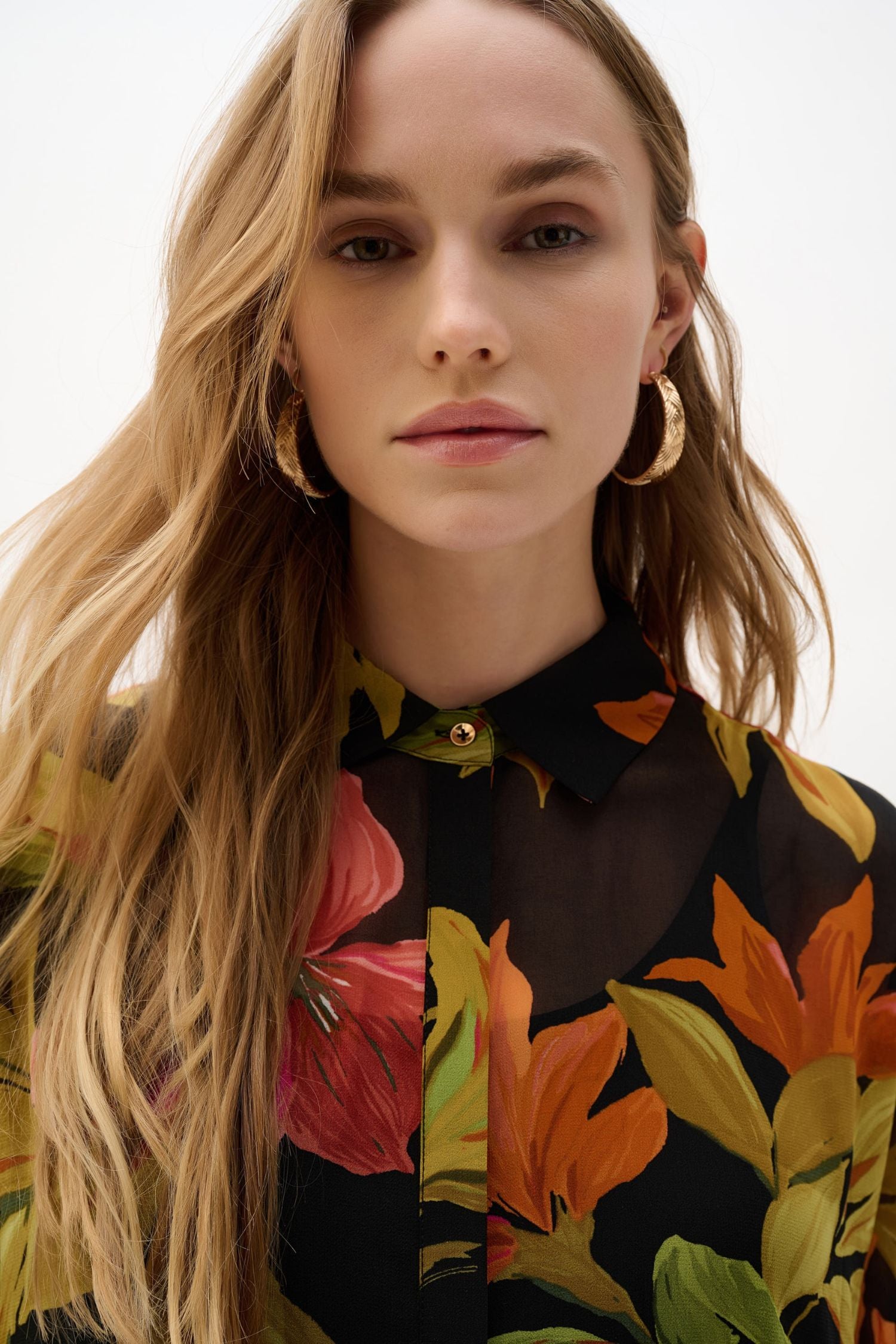 Front closeup of Joseph Ribkoff Chiffon Tropical Print Straight Blouse – Style 262949 in black multi