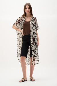 Front open view of Joseph Ribkoff Chiffon Tropical Print Straight Blouse – Style 262949 in black beige