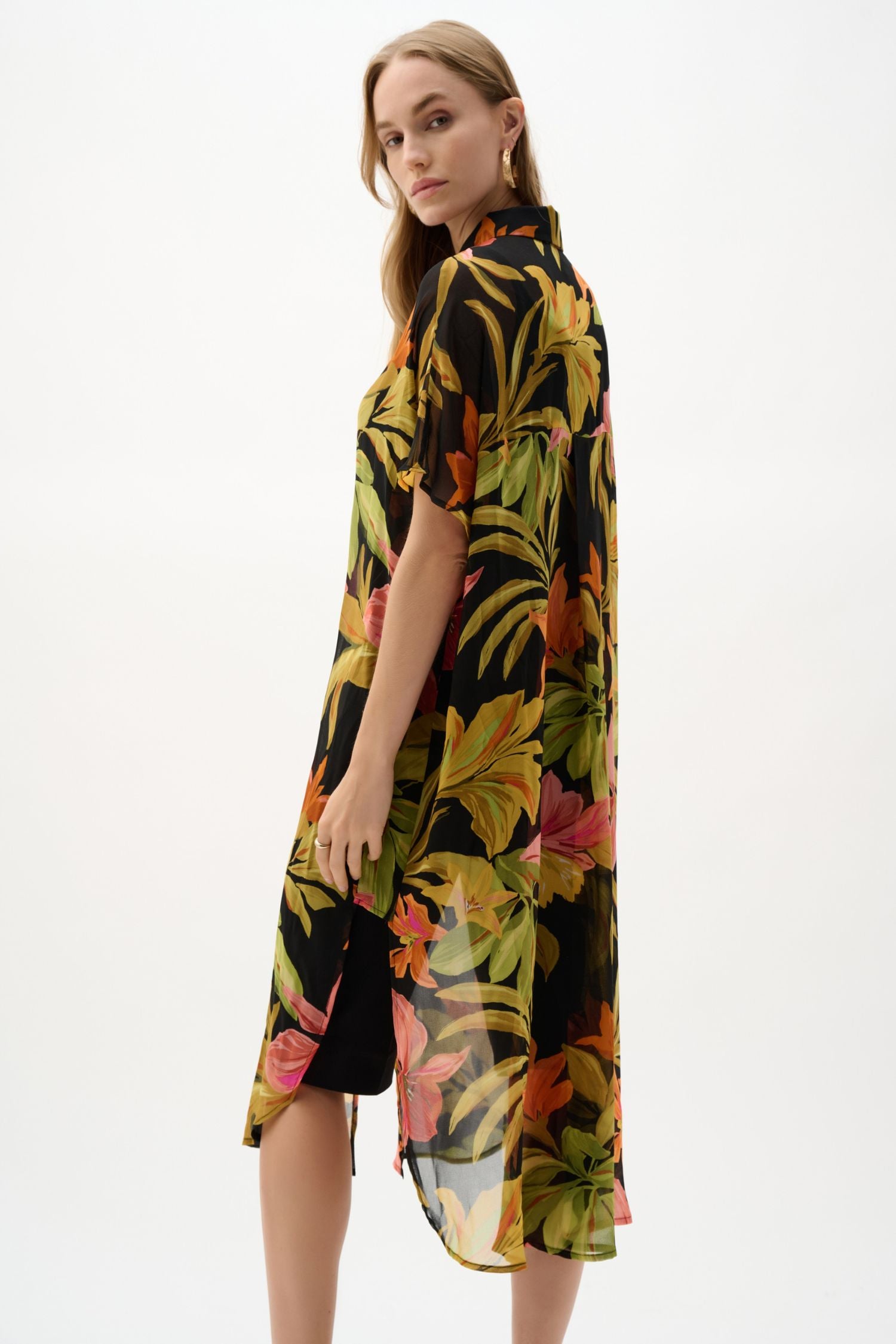 Side view of Joseph Ribkoff Chiffon Tropical Print Straight Blouse – Style 262949 in black multi