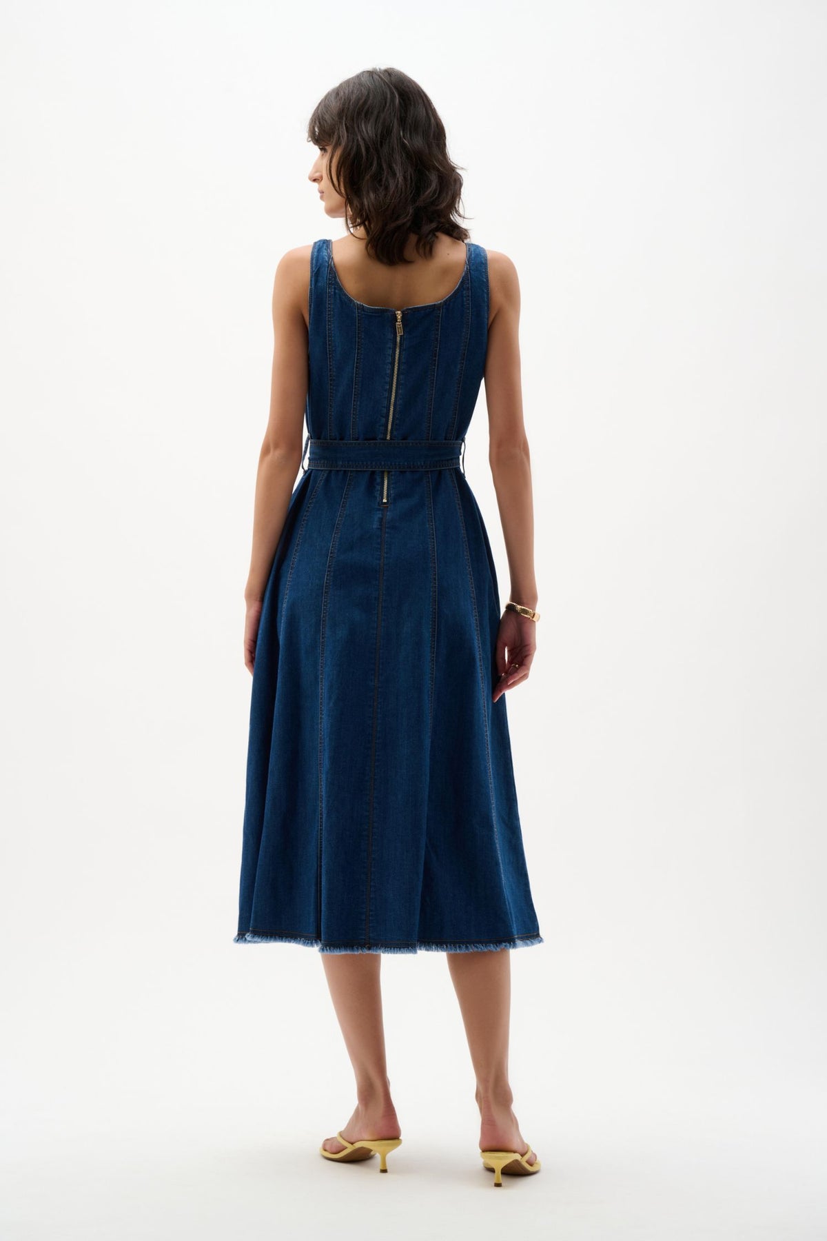 Back view of Joseph Ribkoff Denim Fit and Flare Midi Dress with Belt – Style 262901