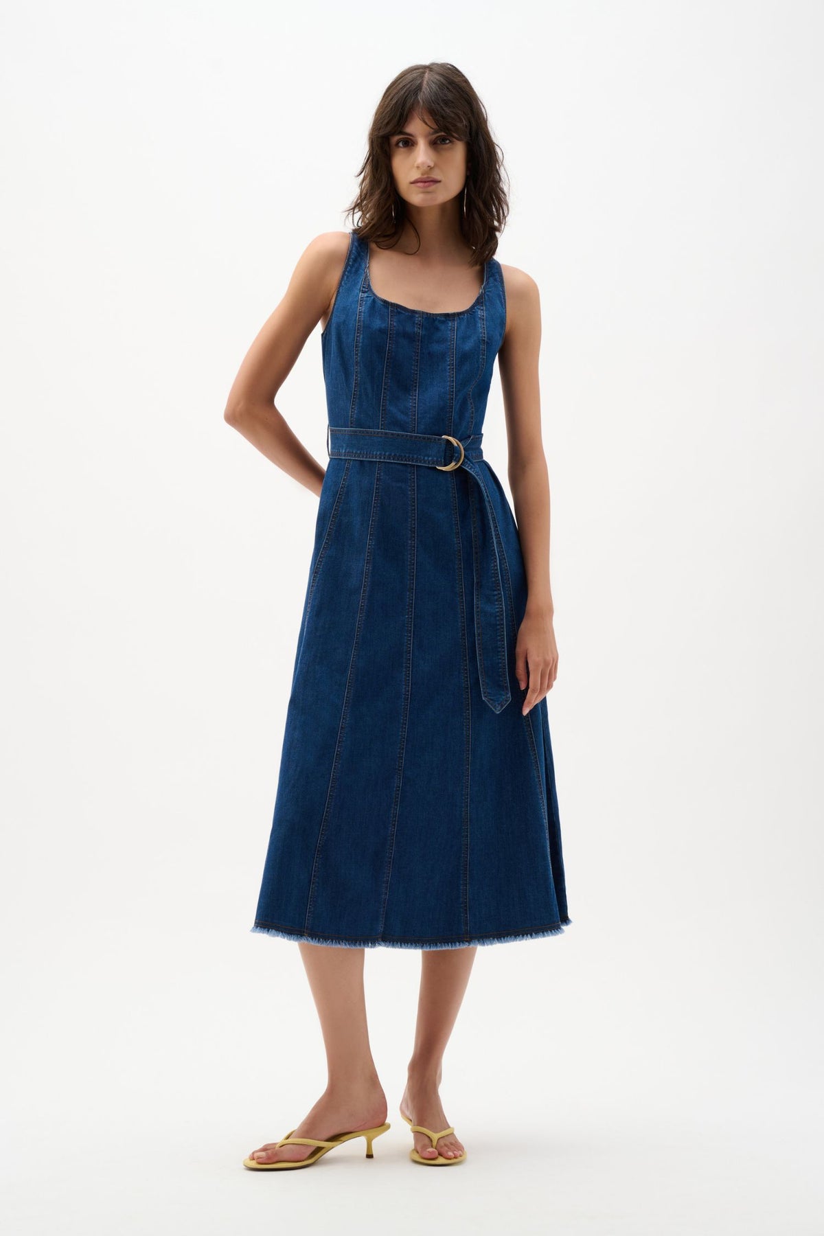 Front view of Joseph Ribkoff Denim Fit and Flare Midi Dress with Belt – Style 262901