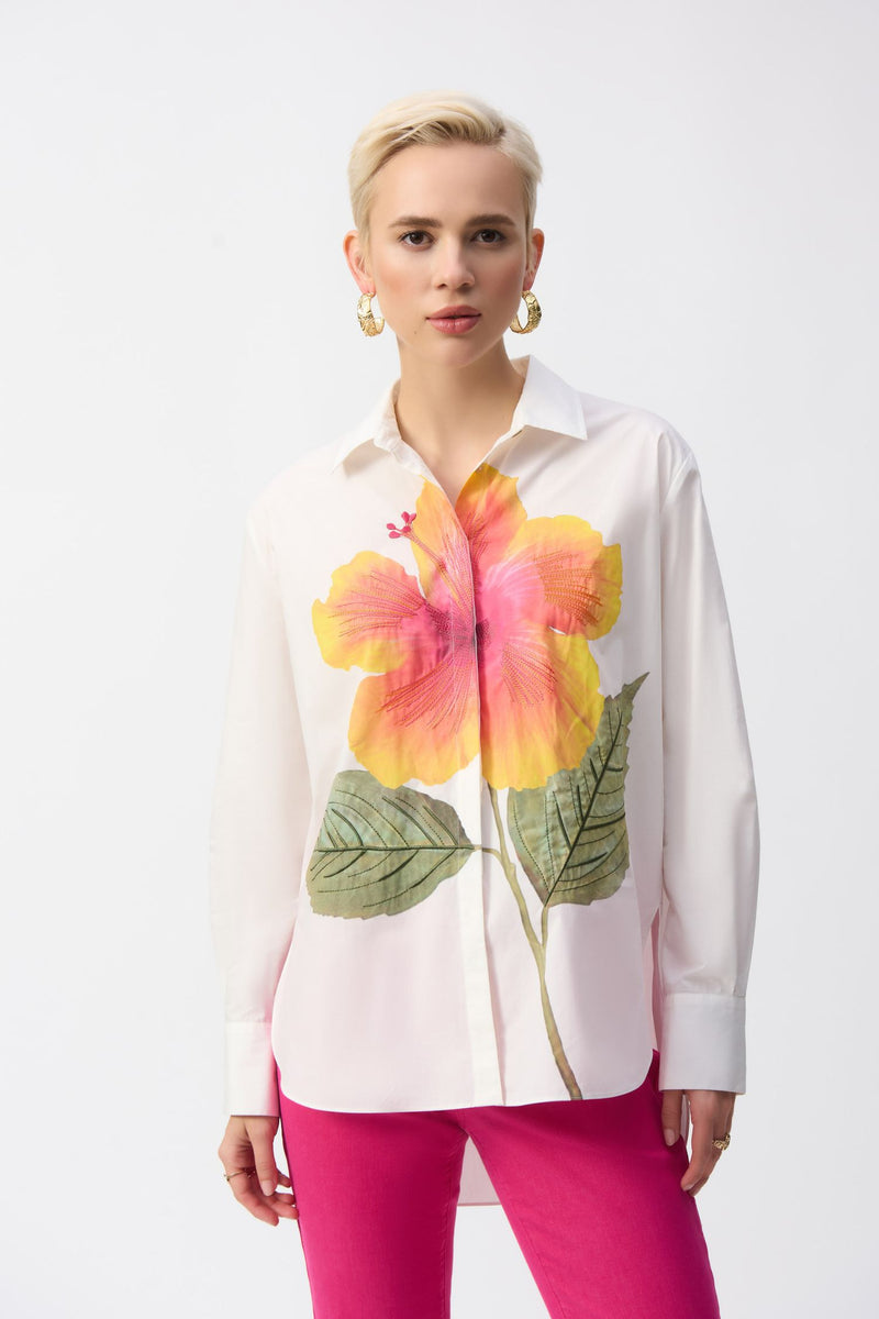 Front view of Joseph Ribkoff Embroidered Flower Cotton Shirt - Style 251938-VANM