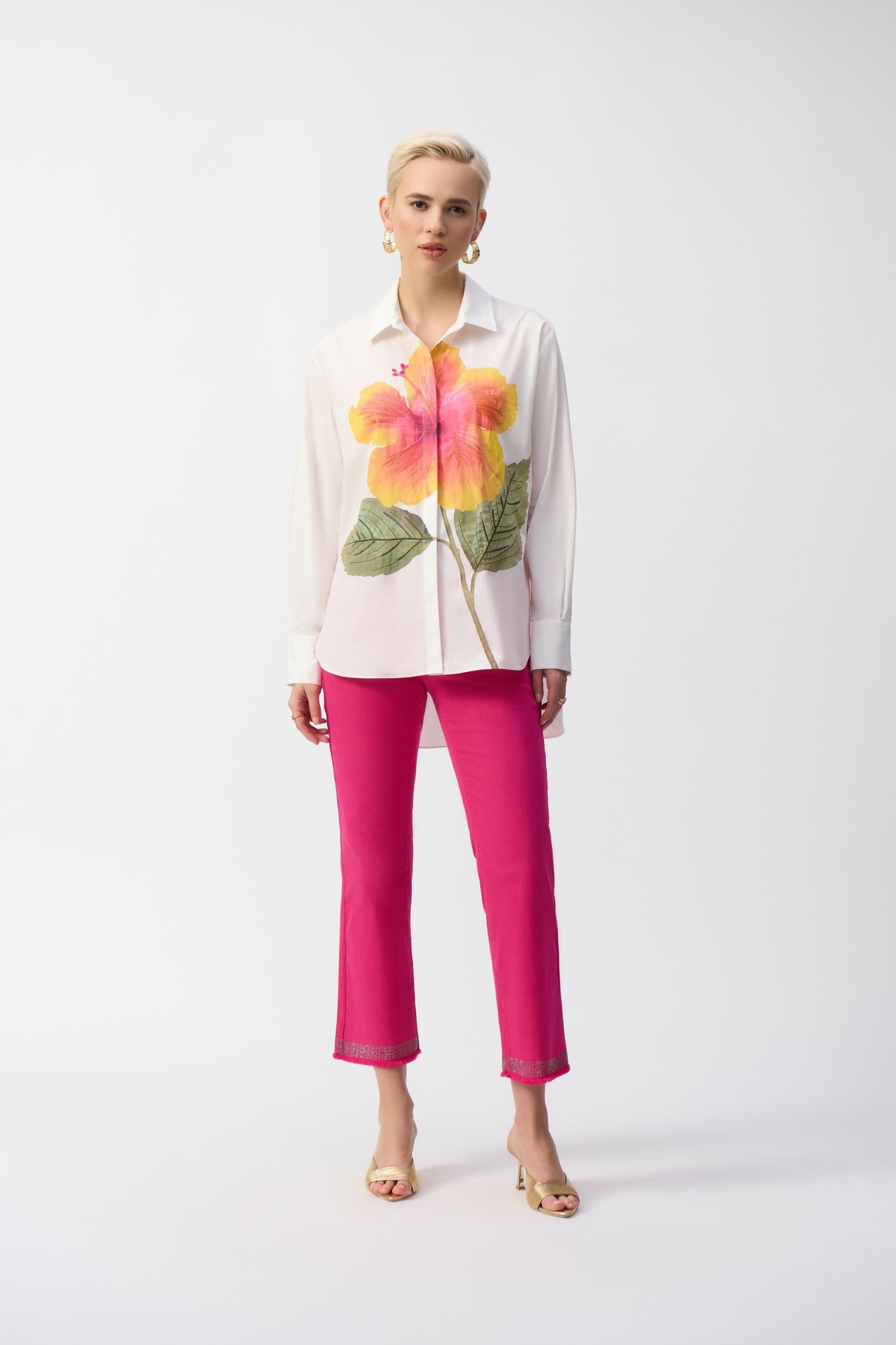 Front full lenght view of Joseph Ribkoff Embroidered Flower Cotton Shirt - Style 251938-VANM