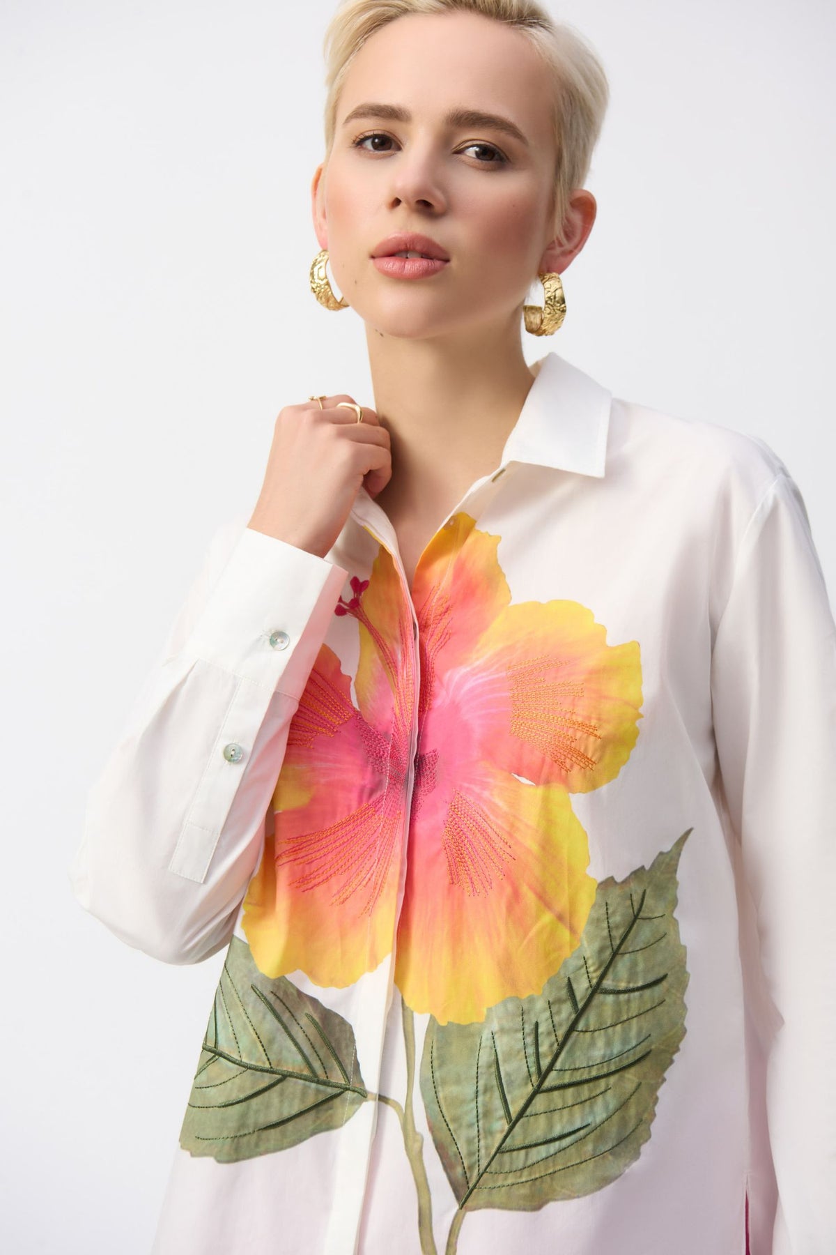Front view closeup of Joseph Ribkoff Embroidered Flower Cotton Shirt - Style 251938-VANM