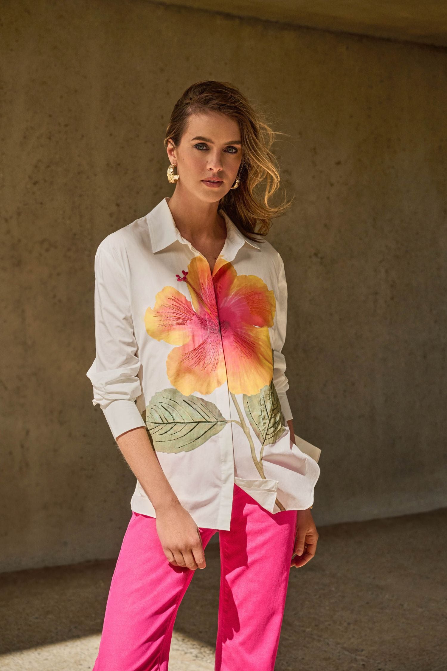 Lifestyle image of Joseph Ribkoff Embroidered Flower Cotton Shirt - Style 251938-VANM