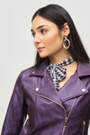 Joseph Ribkoff Faux Leather Biker Jacket - Style 234902, black currant, closeup
