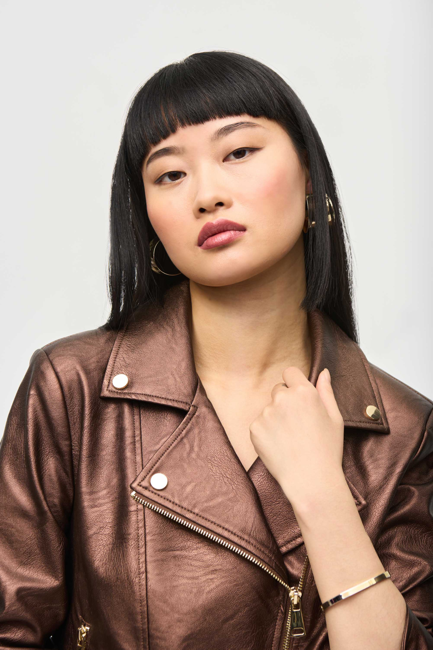 Joseph Ribkoff Faux Leather Biker Jacket - Style 234902, bronze, closeup2