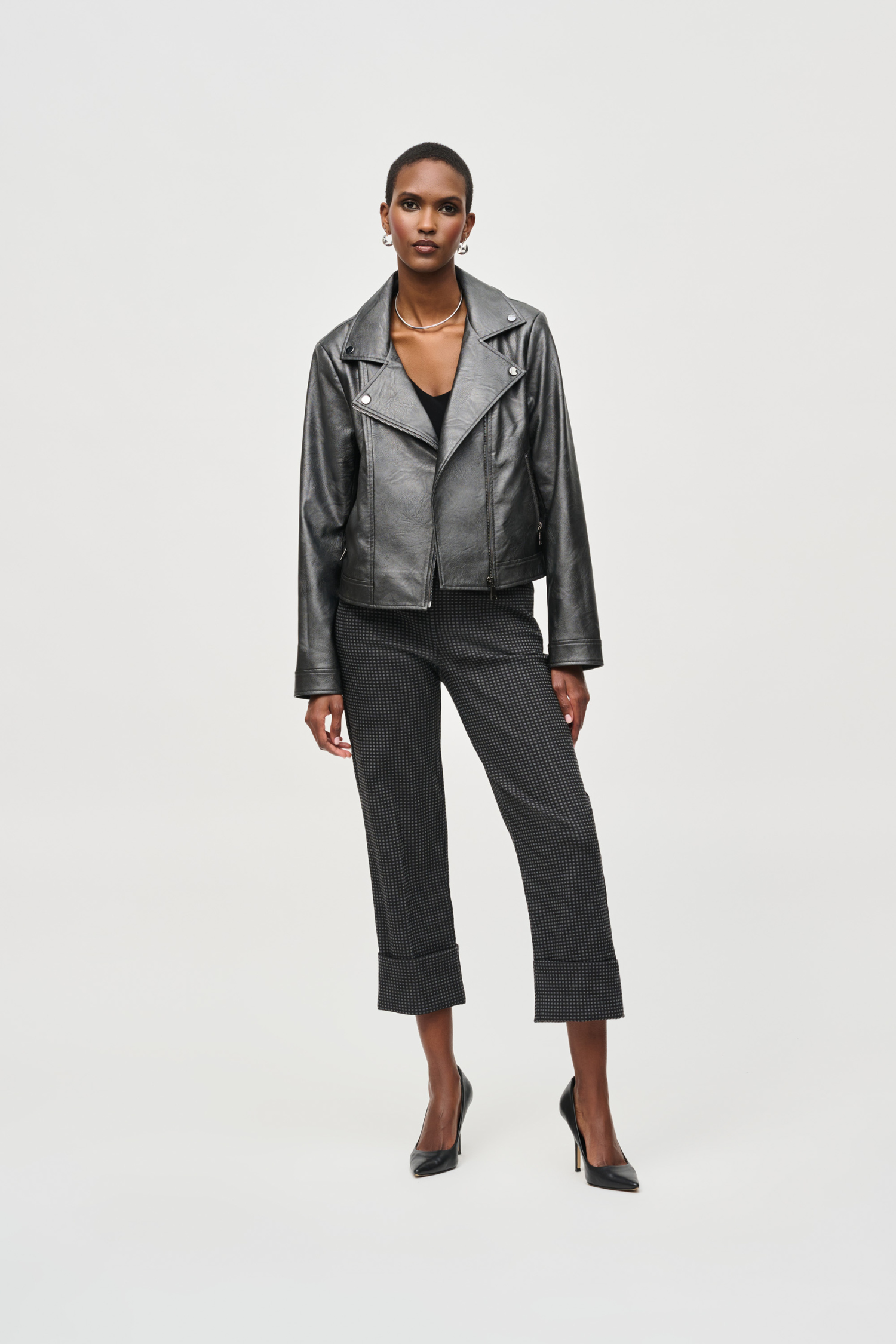 Joseph Ribkoff Faux Leather Biker Jacket - Style 234902, gunmetal, front2