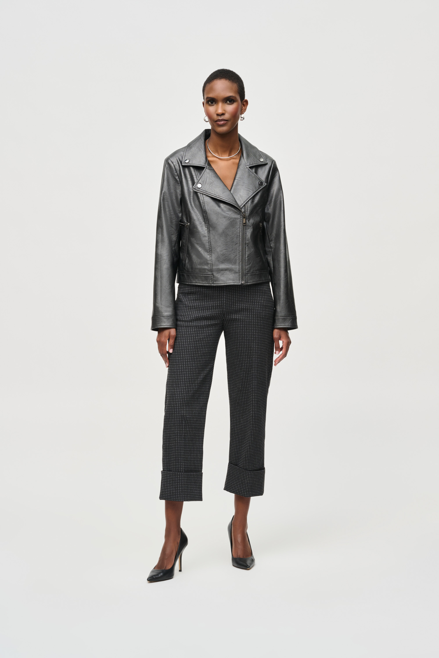 Joseph Ribkoff Faux Leather Biker Jacket - Style 234902, gunmetal, front3, closed