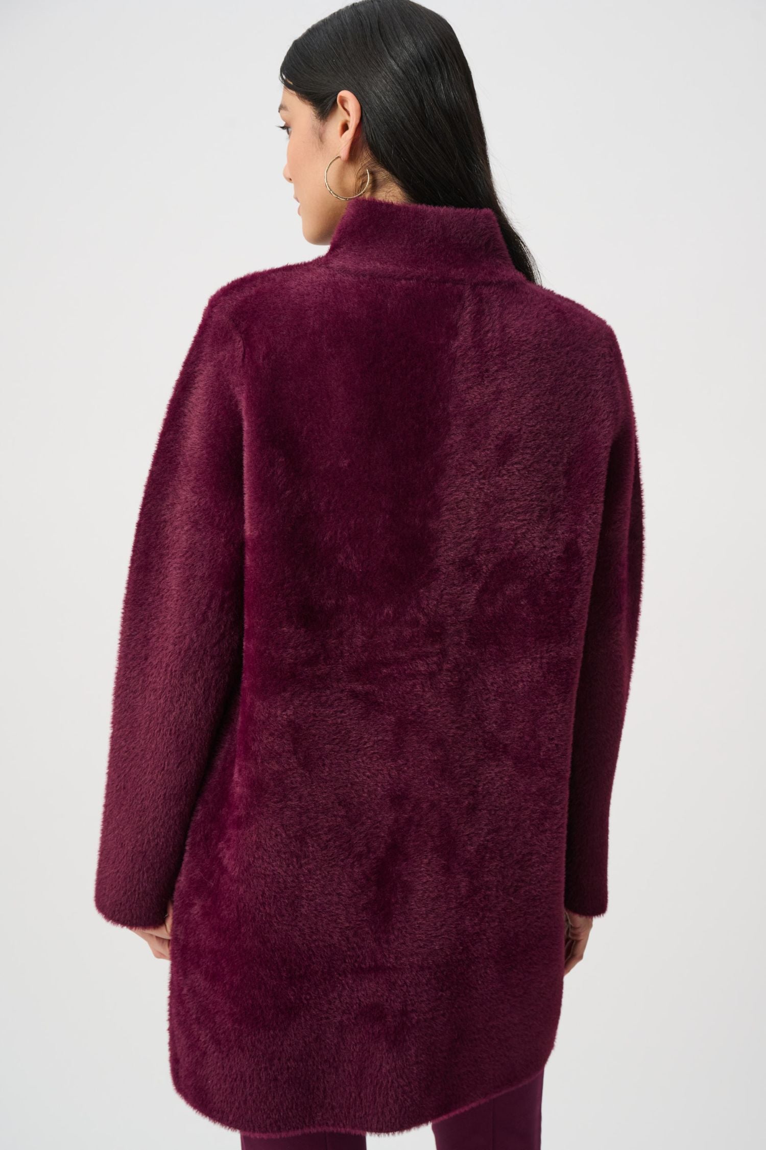Back view of Joseph Ribkoff Feather Yarn Mock Neck Coat - Style 263955 in elderberry