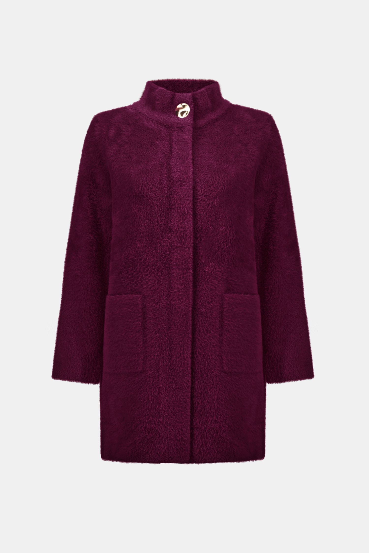 Flat lay view of Joseph Ribkoff Feather Yarn Mock Neck Coat - Style 263955 in elderberry